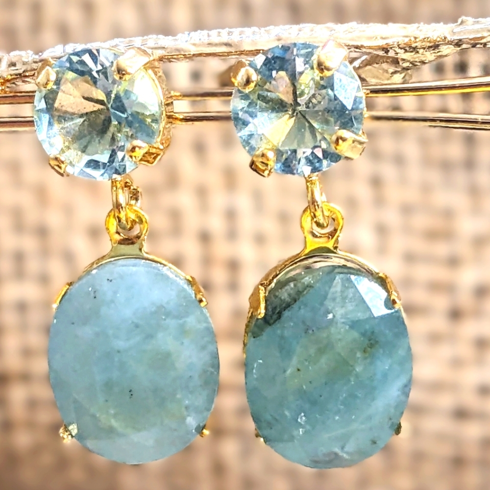15.8 Total Carats Rough Aquamarine in Two Settings  in 14K GP Drop Earrings
